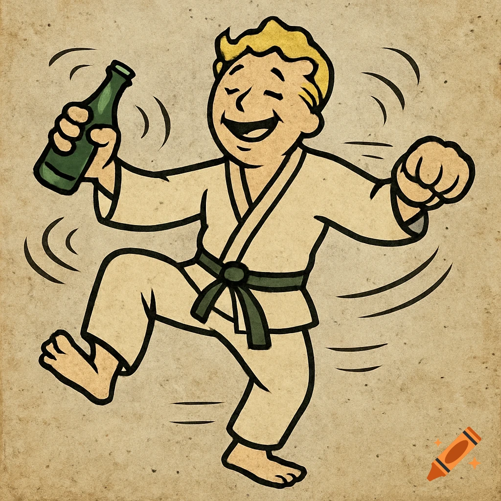 Cartoon character in a martial arts gi holding a green bottle and dancing, in the style of a Fallout perk icon.