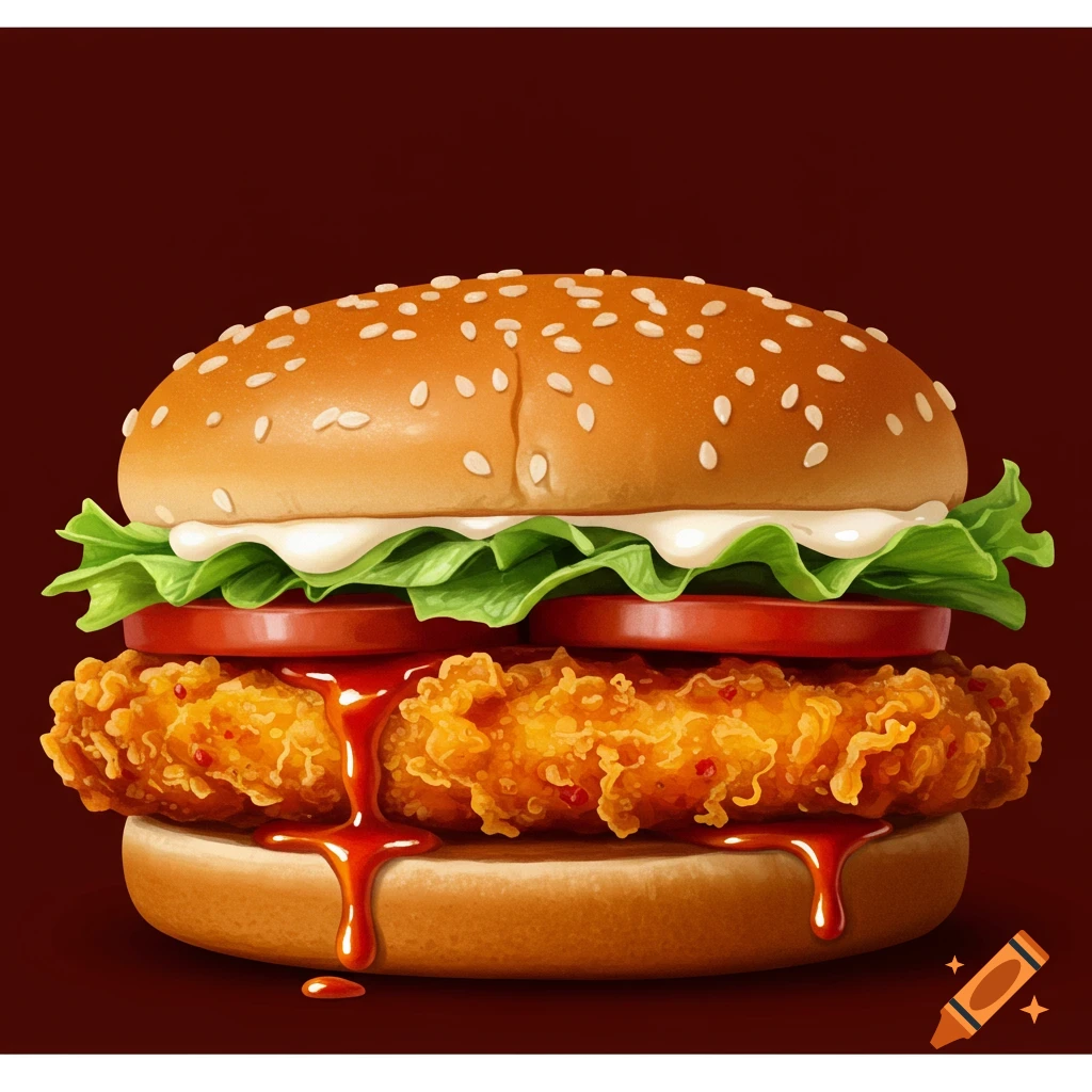 Highly detailed illustration of a crispy fried chicken burger with sauce, lettuce, tomato, and sesame seed bun on a dark red background.