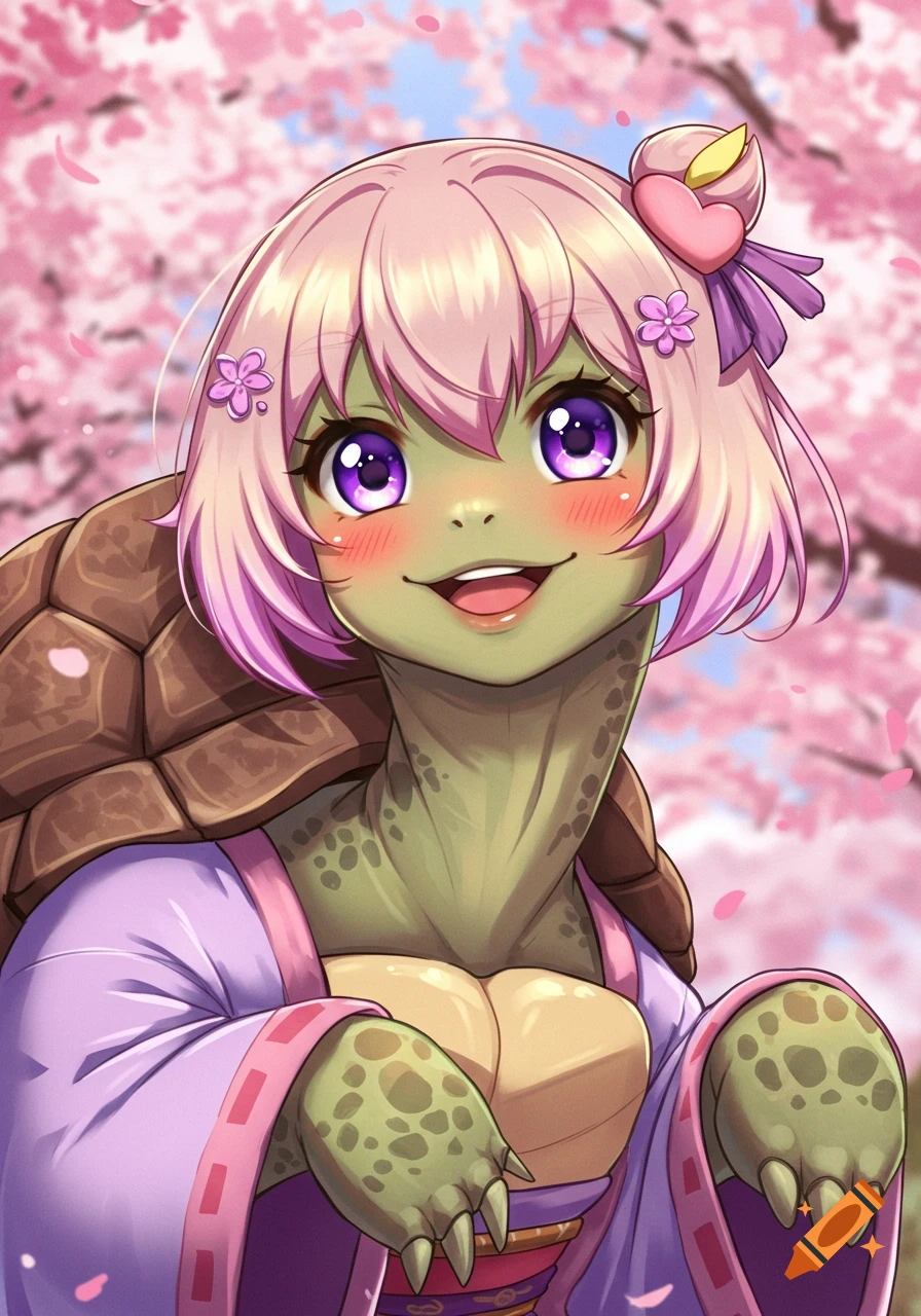 Anime-style anthropomorphic tortoise girl with pink hair and purple eyes in a purple kimono, smiling among cherry blossoms.