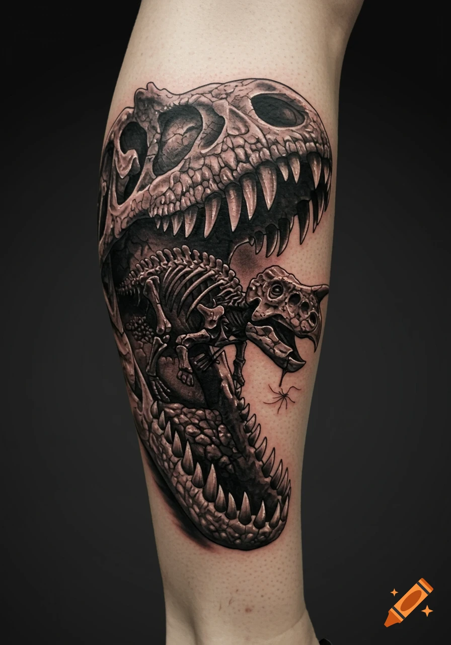 Detailed black and gray tattoo on a leg showing a large dinosaur skull with a smaller, fossilized dinosaur skeleton inside its jaws.