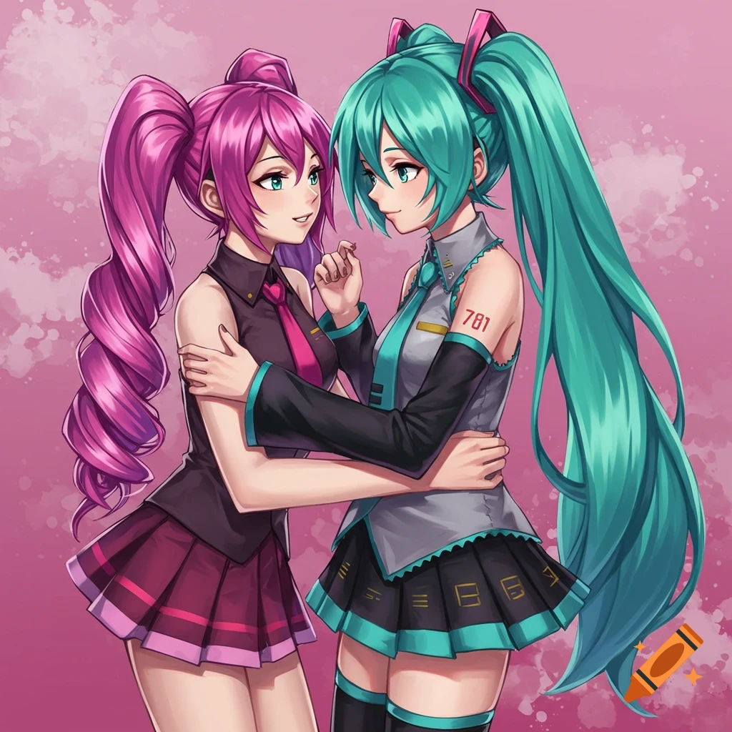 Two anime girls, Hatsune Miku with teal pigtails and Kasane Teto with pink pigtails, embrace against a pink background.