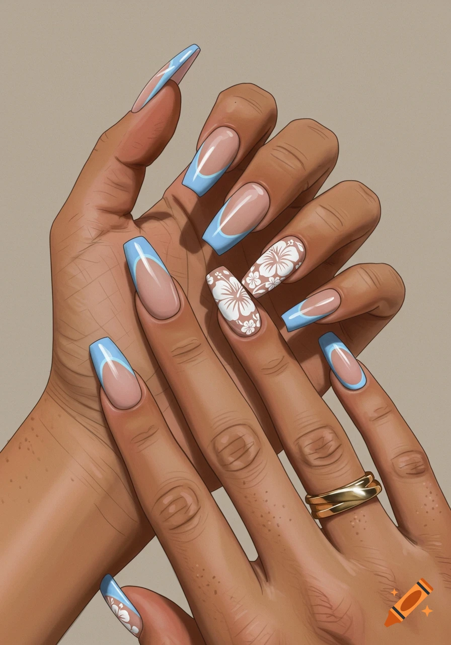 Close-up of light brown hands with blue French tip acrylic nails and white hibiscus floral designs on the ring fingers.
