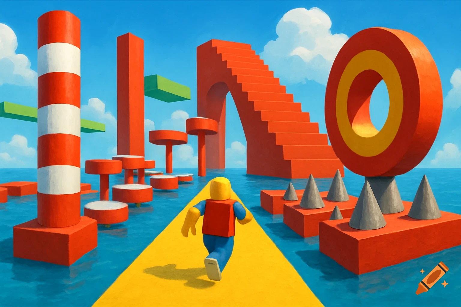 A block-figure character runs through a colorful, abstract obstacle course on blue water, featuring large red and green geometric shapes.