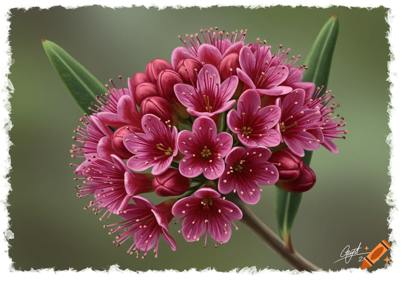 Close-up digital painting of a cluster of vibrant pink flowers with long stamens and green leaves against a soft green background.
