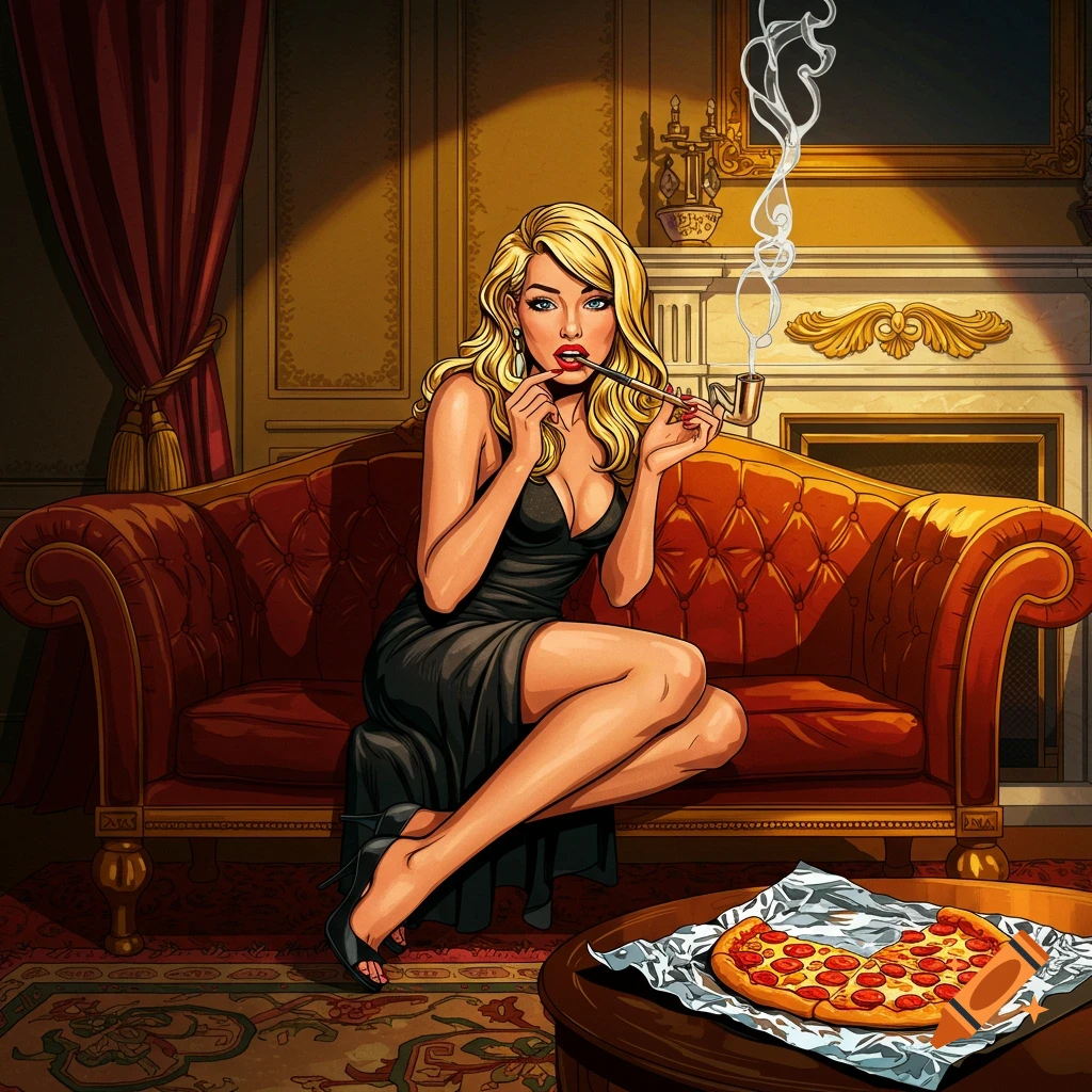 A blonde woman in a black dress sits on a red sofa, smoking a pipe, next to a pizza on a table. Pop art style.