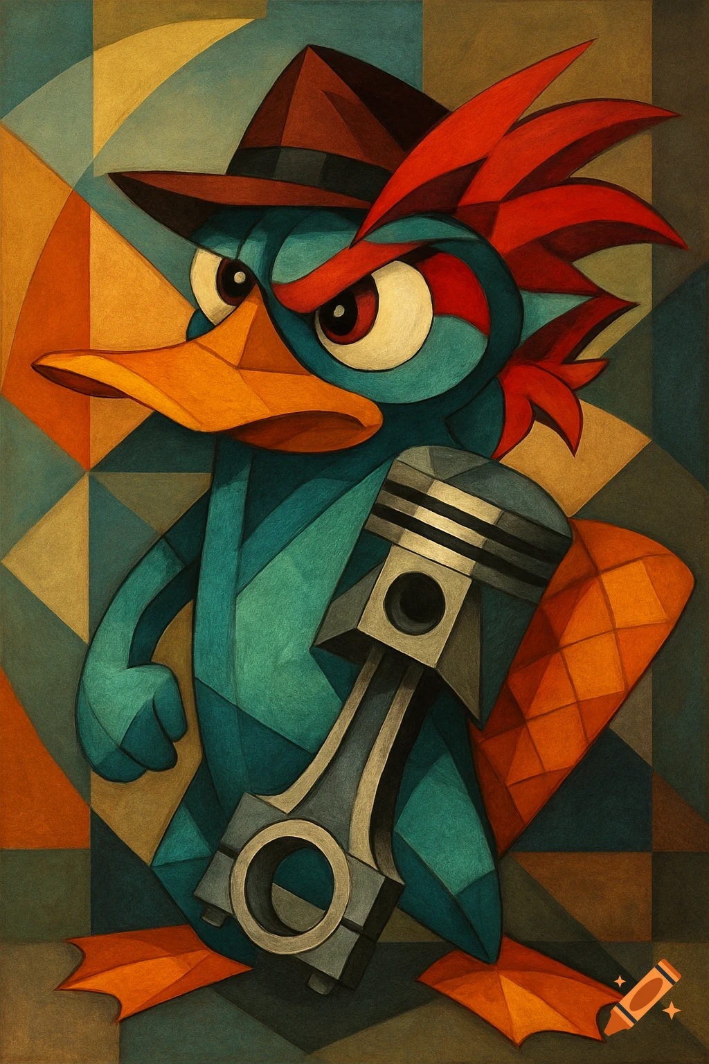 Cubist painting of Perry the Platypus wearing a fedora and holding a large piston, with a geometric background.