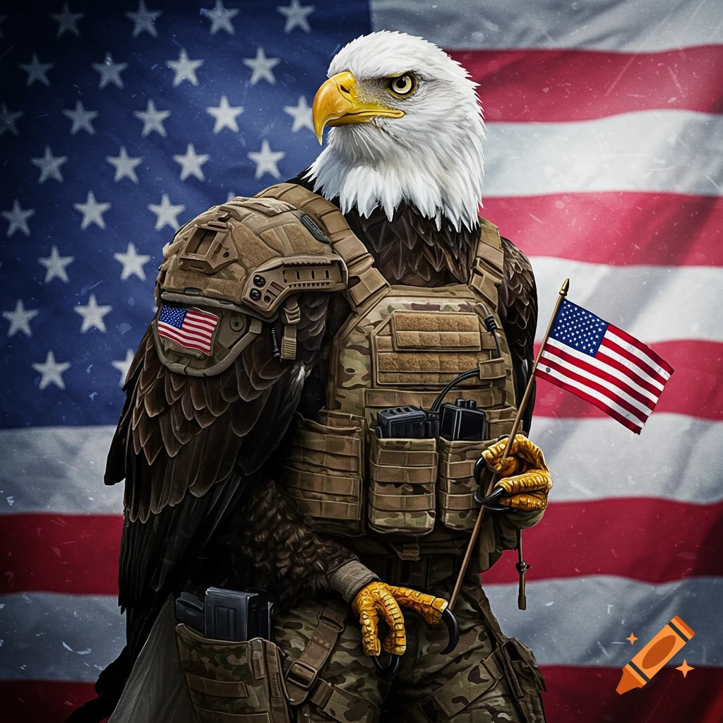 A majestic bald eagle in full military tactical gear holds a small American flag against a large American flag background.