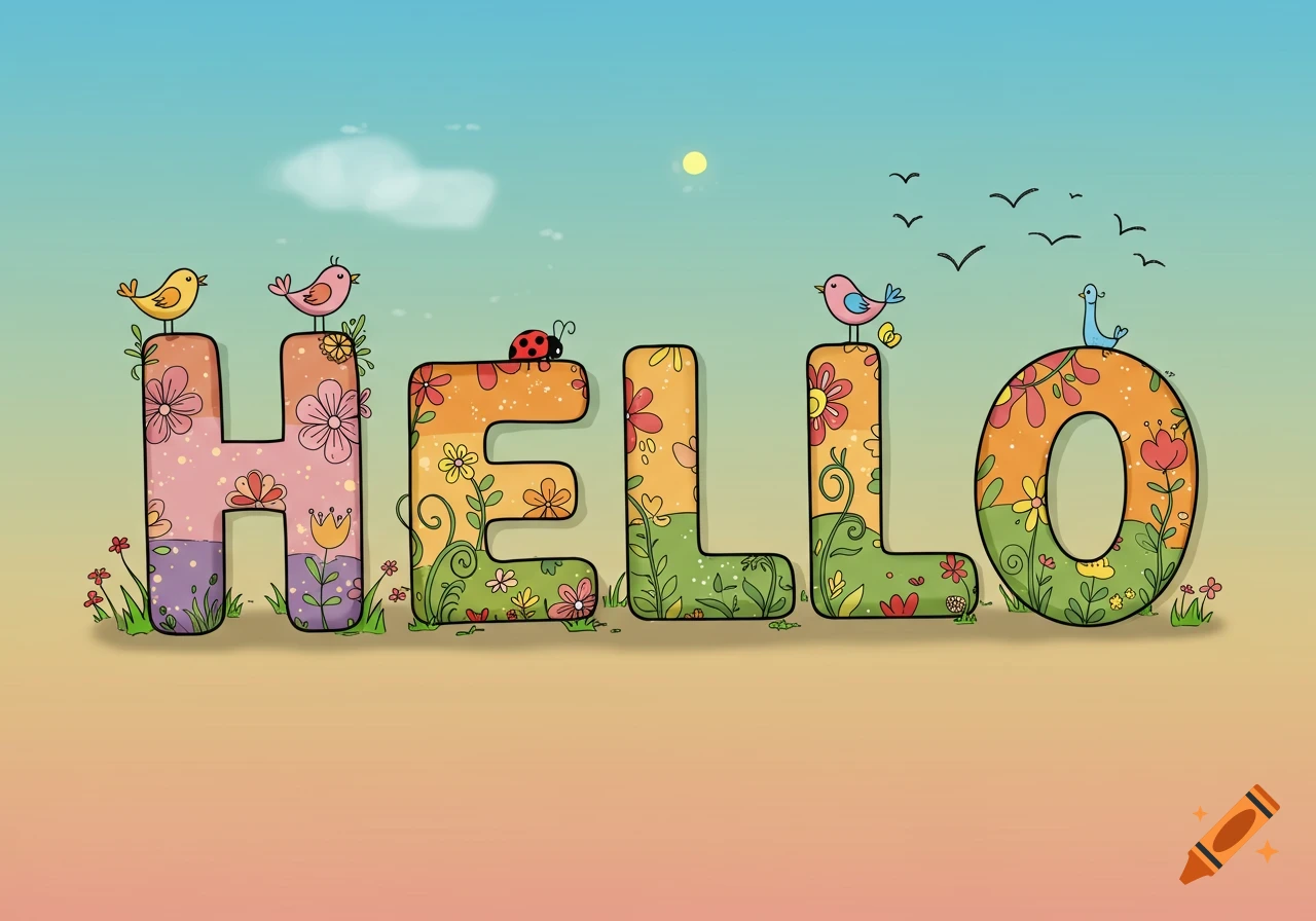 Colorful whimsical illustration spelling 'HELLO' with floral letters, birds, and a ladybug against a blue sky.