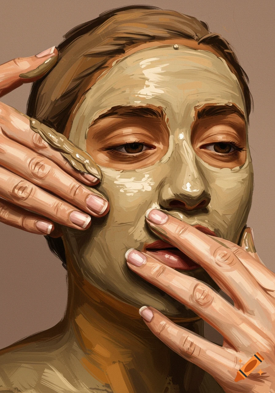 Close-up illustration of a person applying a green mud mask to their face with their hands.