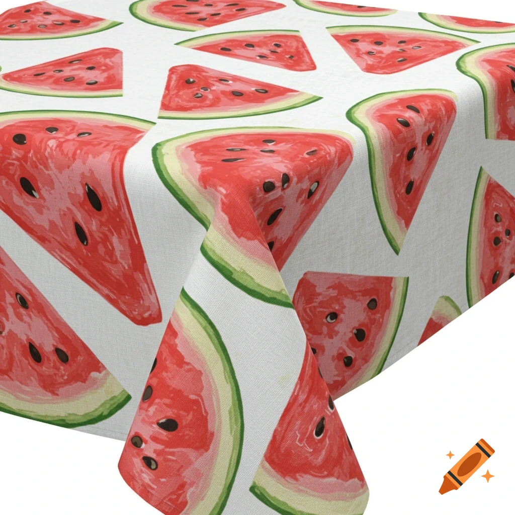 A white tablecloth with a vibrant watercolor pattern of red watermelon slices with green rinds and black seeds.