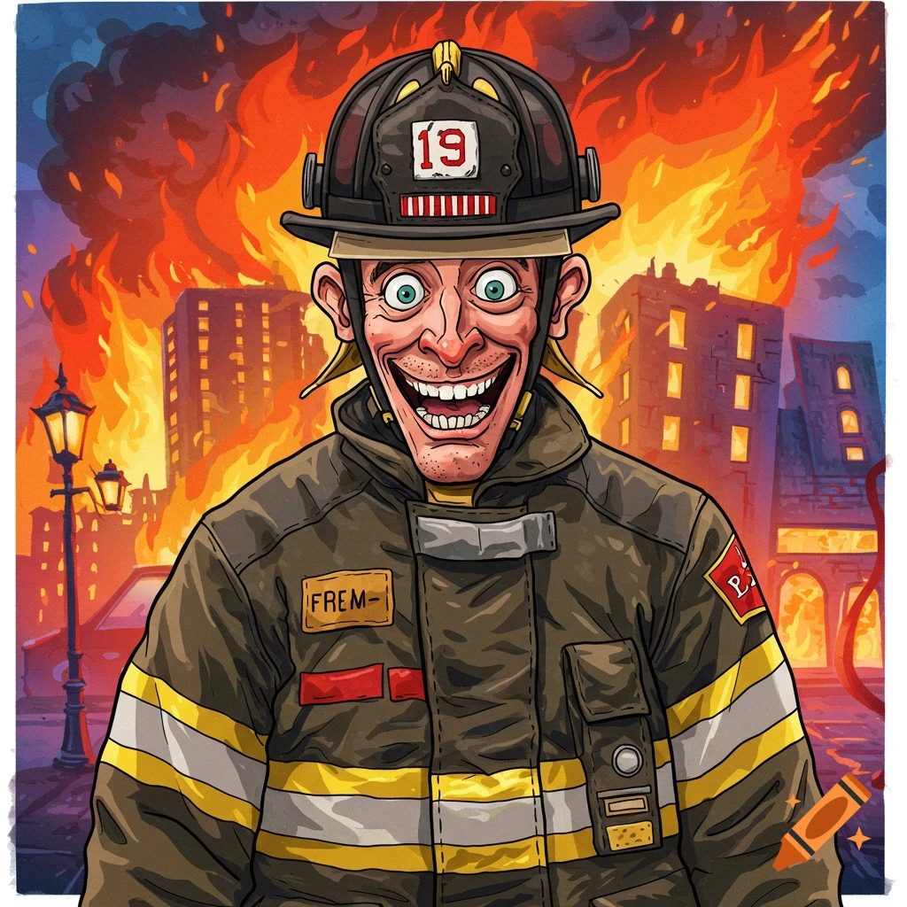 A cartoon illustration of an overly happy firefighter with wide eyes and a big smile, standing in front of burning buildings.
