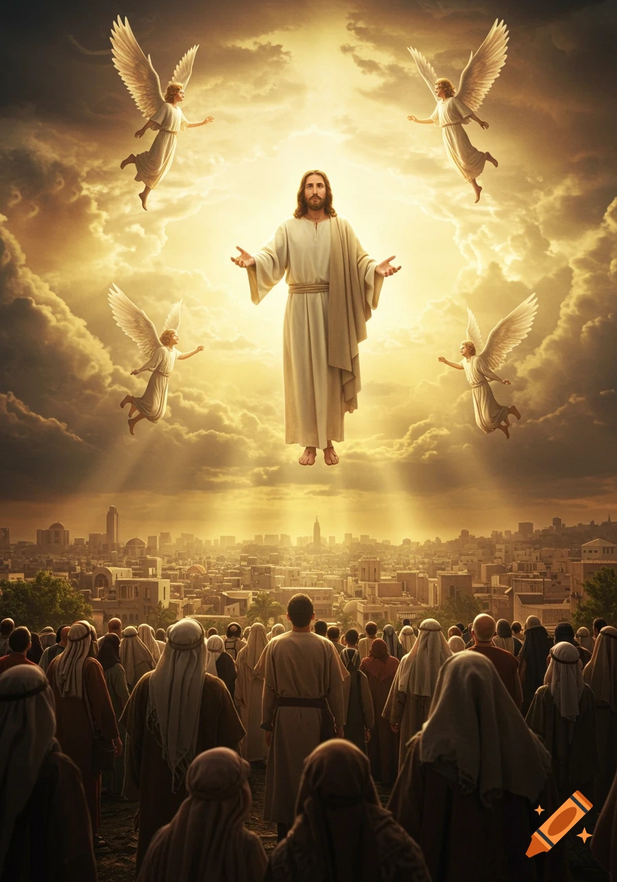 Jesus floats above a city, surrounded by angels in a golden sky, as a crowd of people looks up.