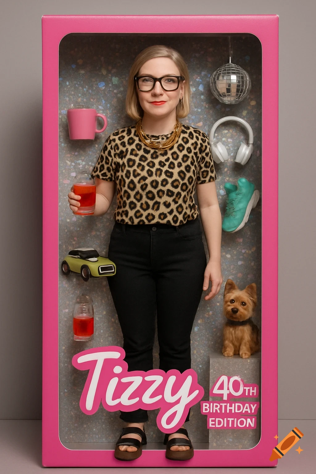 A woman in a leopard print shirt and black jeans, with glasses, stands in a pink Barbie-style box with accessories and text 'Tizzy 40th Birthday Edition'.