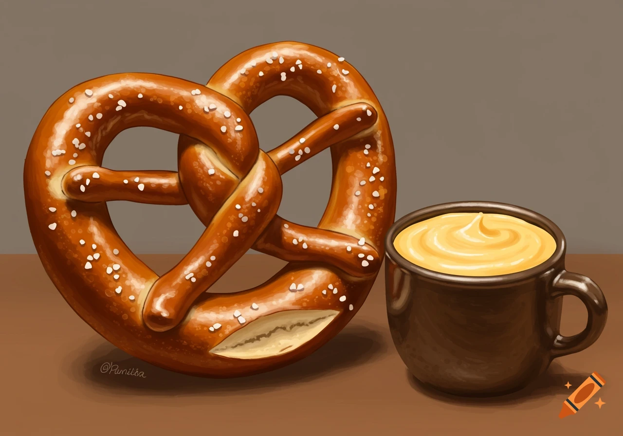A golden brown pretzel with salt sits next to a dark cup filled with yellow cheese sauce. The image has a digital painting style.