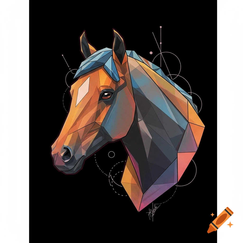 Stylized geometric horse head with vibrant colors on a black background.