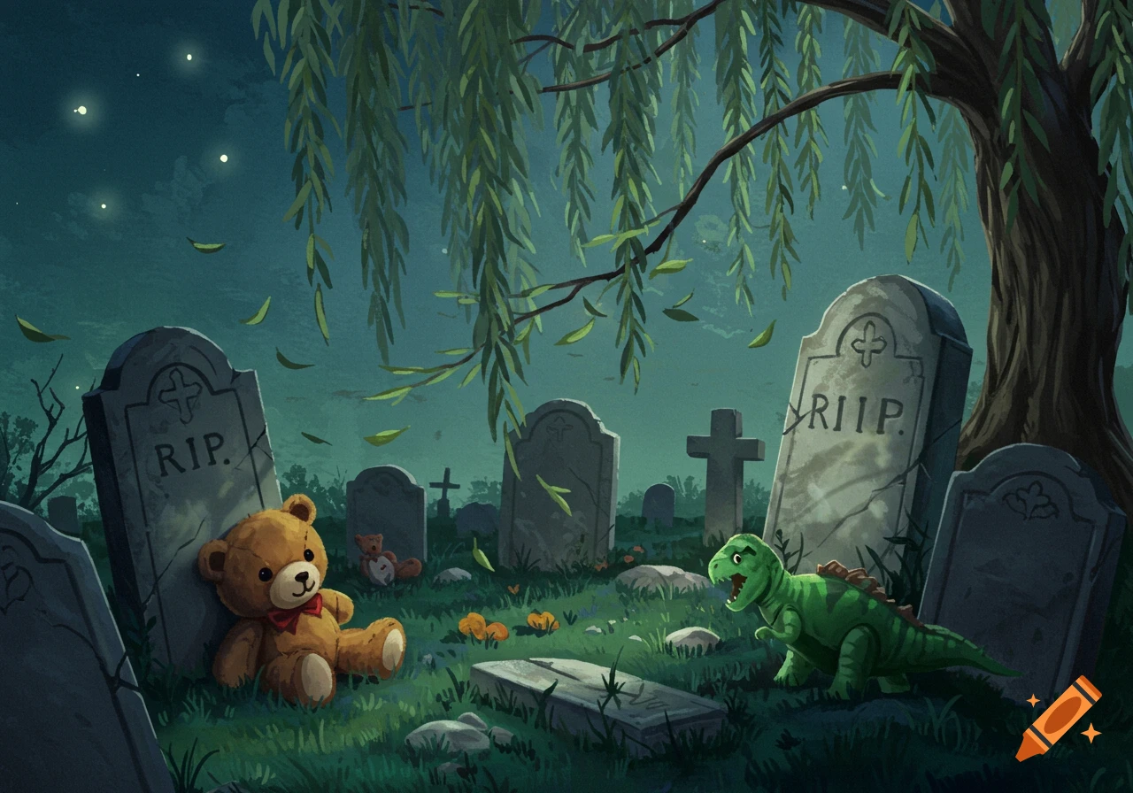 A teddy bear and toy dinosaur sit among gravestones under a weeping willow tree at night.