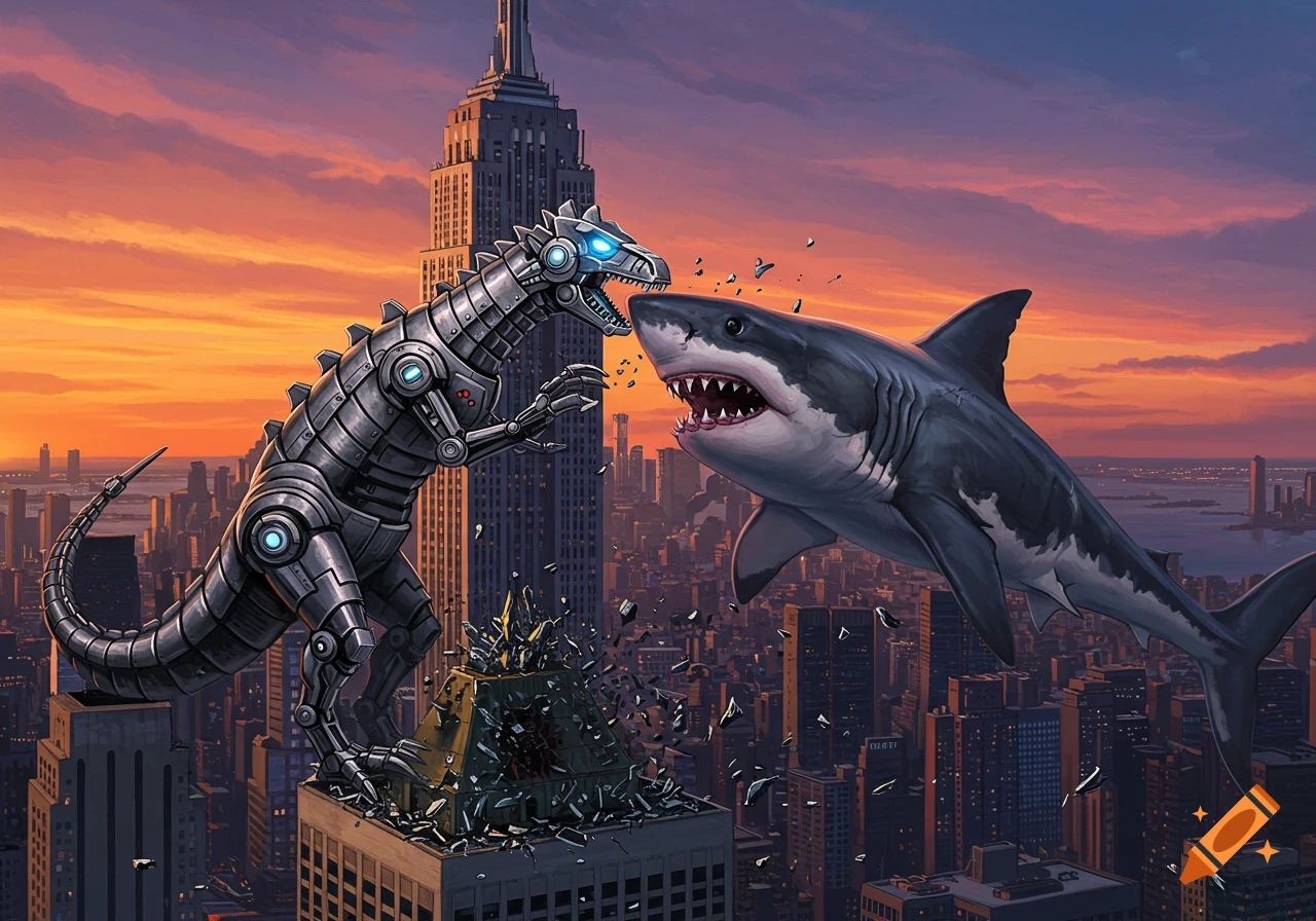 A massive robot dinosaur battles a shark on top of a skyscraper at sunset in a detailed city scene.