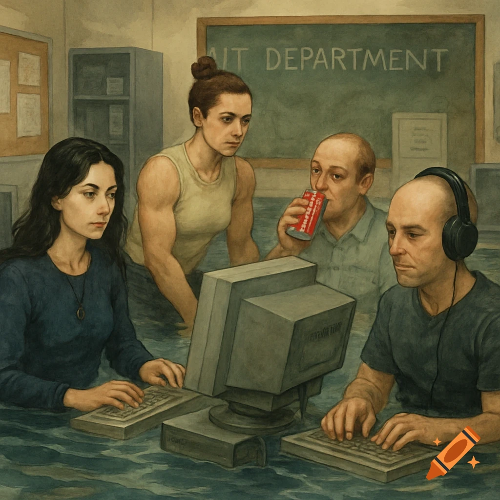 Four people work on old computers in an IT department flooded with water. One man drinks from a can, another wears headphones. Painterly style.