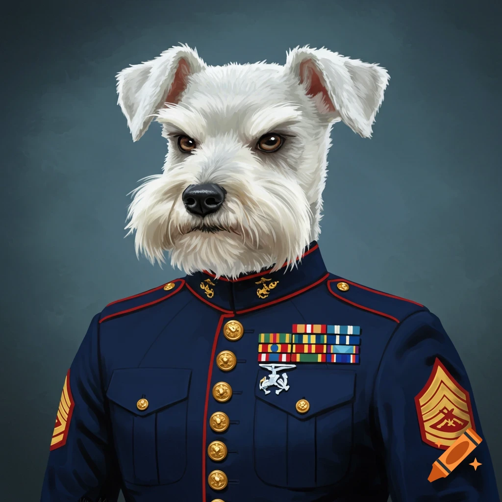 A white miniature schnauzer wearing a detailed US Marine Corps dress blue  uniform with ribbons and medals. on Craiyon
