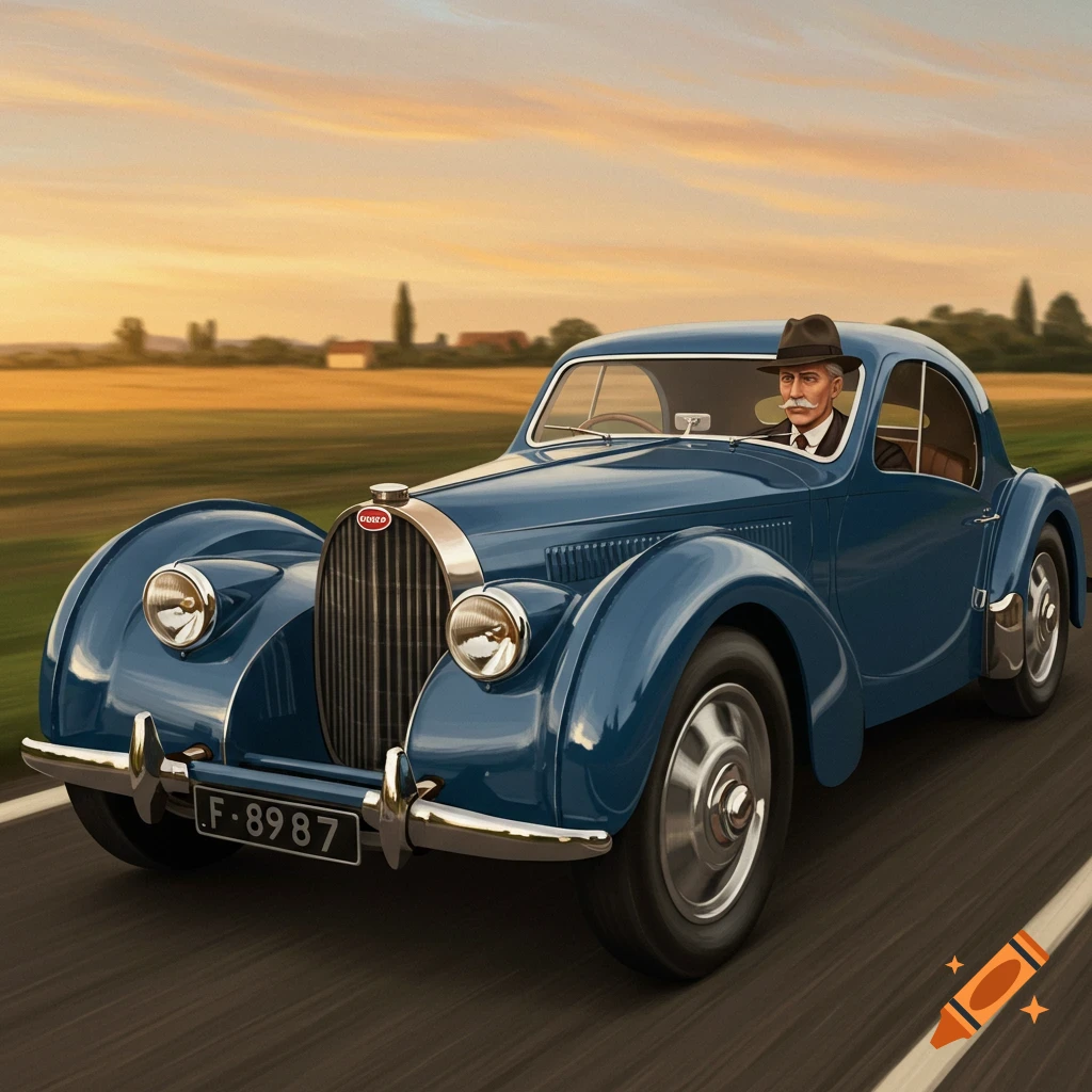 A distinguished man in a fedora drives a vintage blue Bugatti sports car down a road at sunset, passing golden fields.