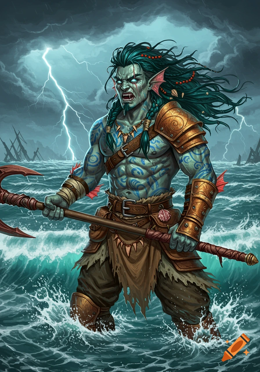 A powerful Sea Elf Barbarian with green skin and teal hair stands in stormy seas, holding a trident, with lightning behind him.