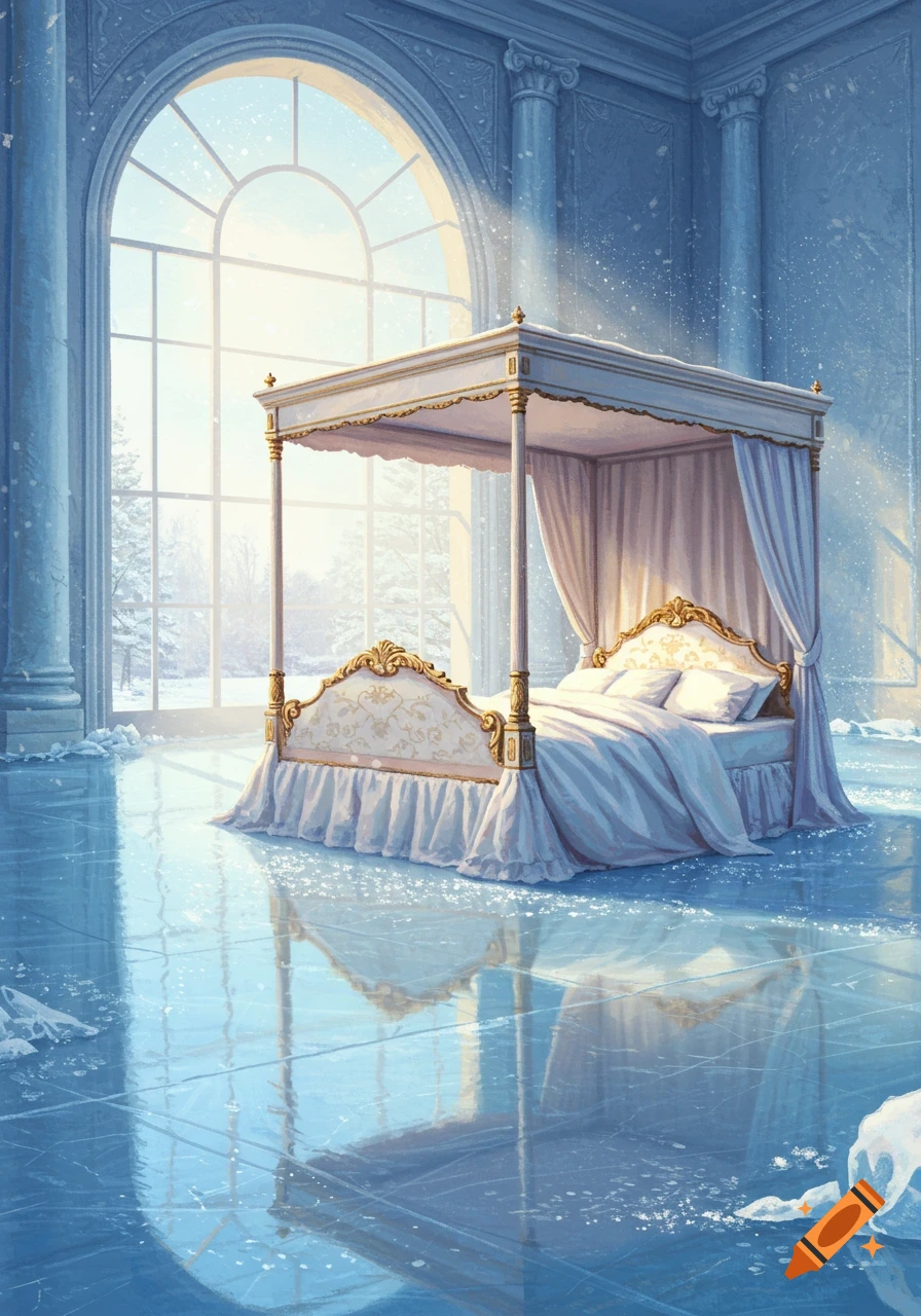 A grand four-poster bed with white drapery in an icy, palatial room. Sunlight streams through a large arched window revealing a snowy landscape outside.