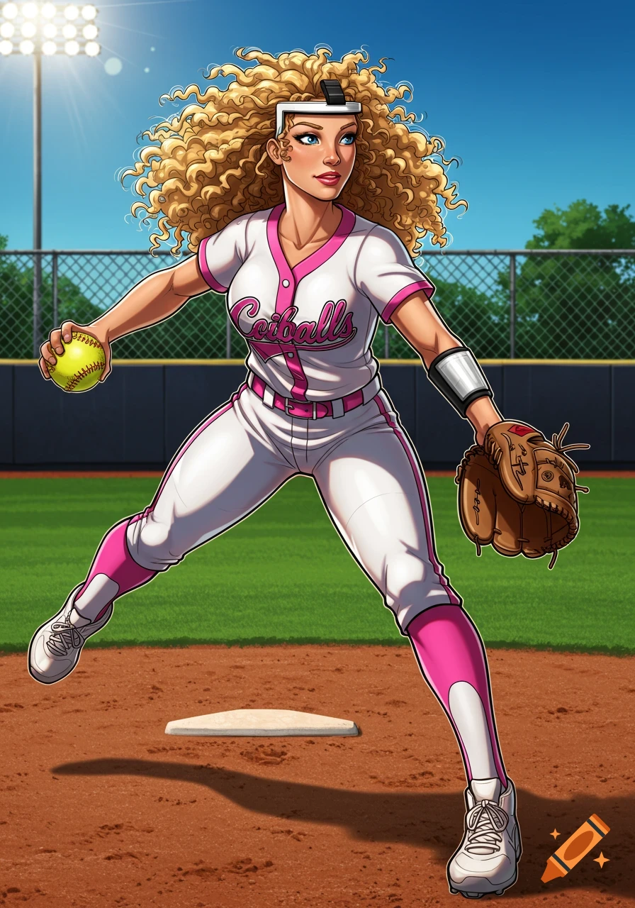 An illustration of a curly blonde woman in a pink and white softball uniform pitching a yellow softball on a dirt field.