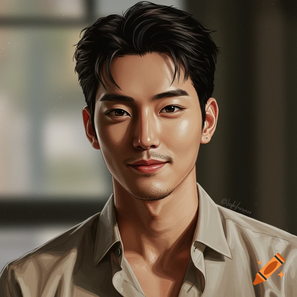 Digital painting of a handsome East Asian man with dark hair and a light mustache and goatee, wearing a light-colored collared shirt.