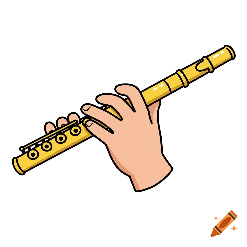 A cartoon hand holds a yellow flute on a white background.