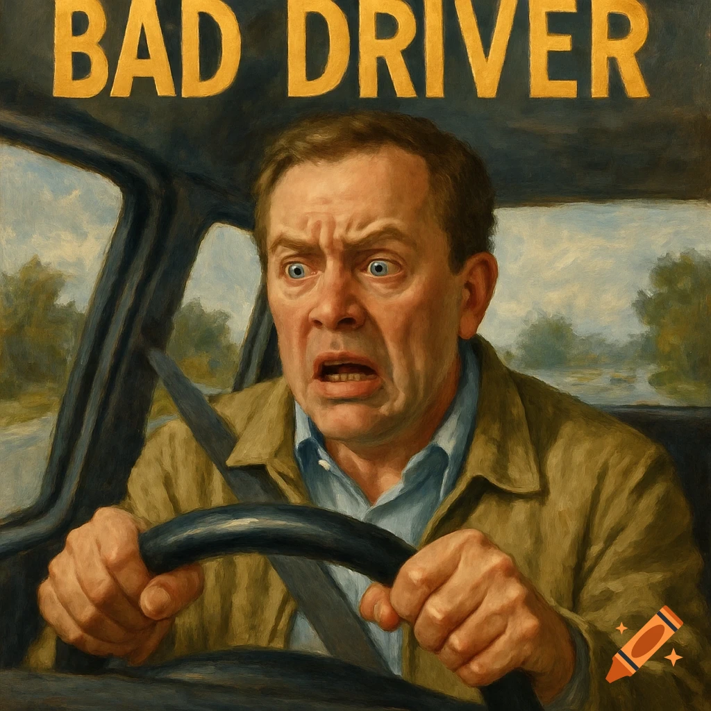 A man with a panicked expression grips a steering wheel in a car, with 'BAD DRIVER' text above him, in a painterly style.