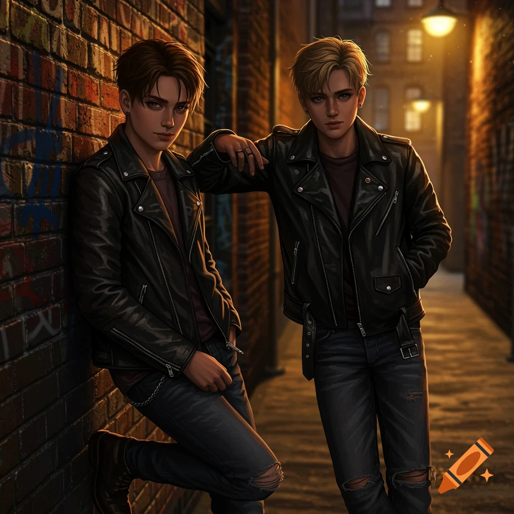 Two stylish teen boys in black leather jackets and ripped jeans leaning in a dimly lit brick alleyway.