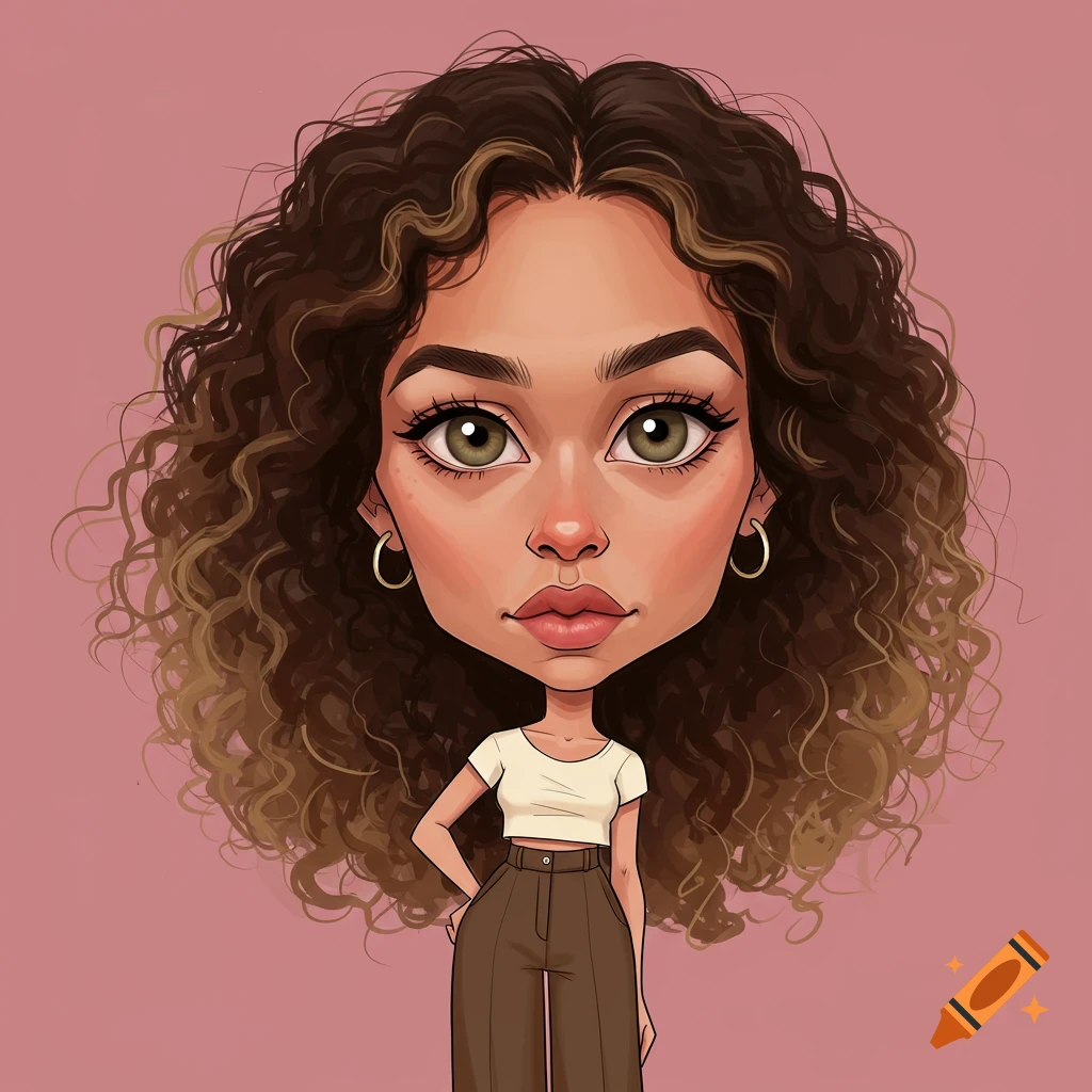 A cartoon caricature portrait of a woman with curly brown hair, large hazel eyes, wearing a white crop top and brown high-waisted pants, on a pink background.