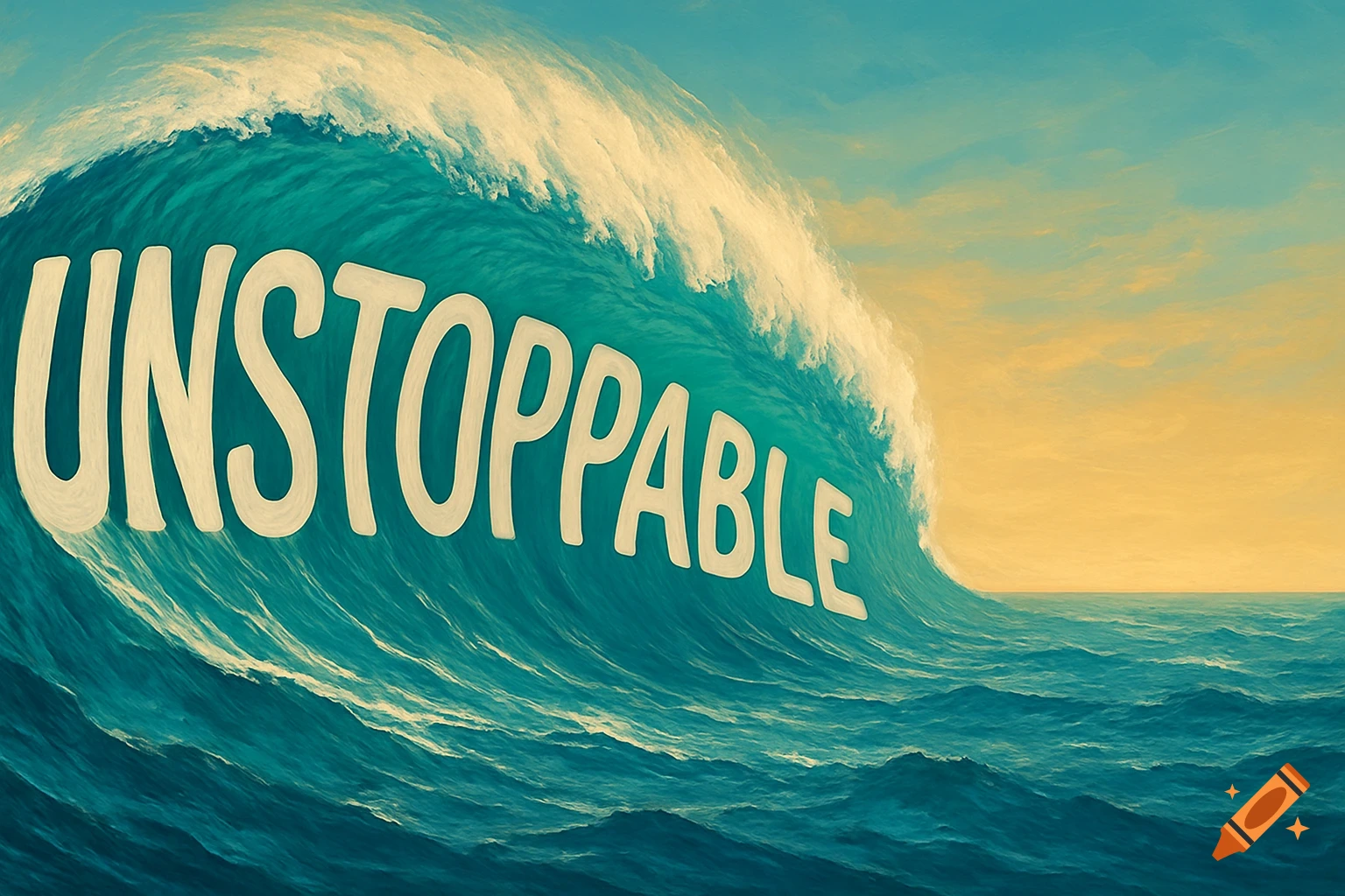 A large ocean wave with the word 'UNSTOPPABLE' formed within its crest, under a multi-colored sky.