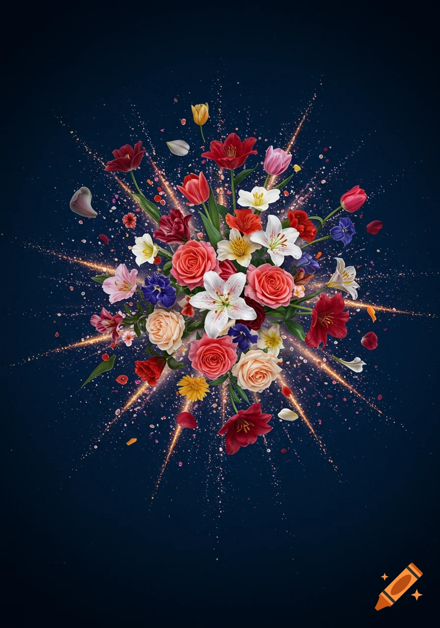 A vibrant bouquet of assorted flowers, including roses, tulips, and lilies, explodes outwards with golden sparks and scattered petals against a dark blue background.