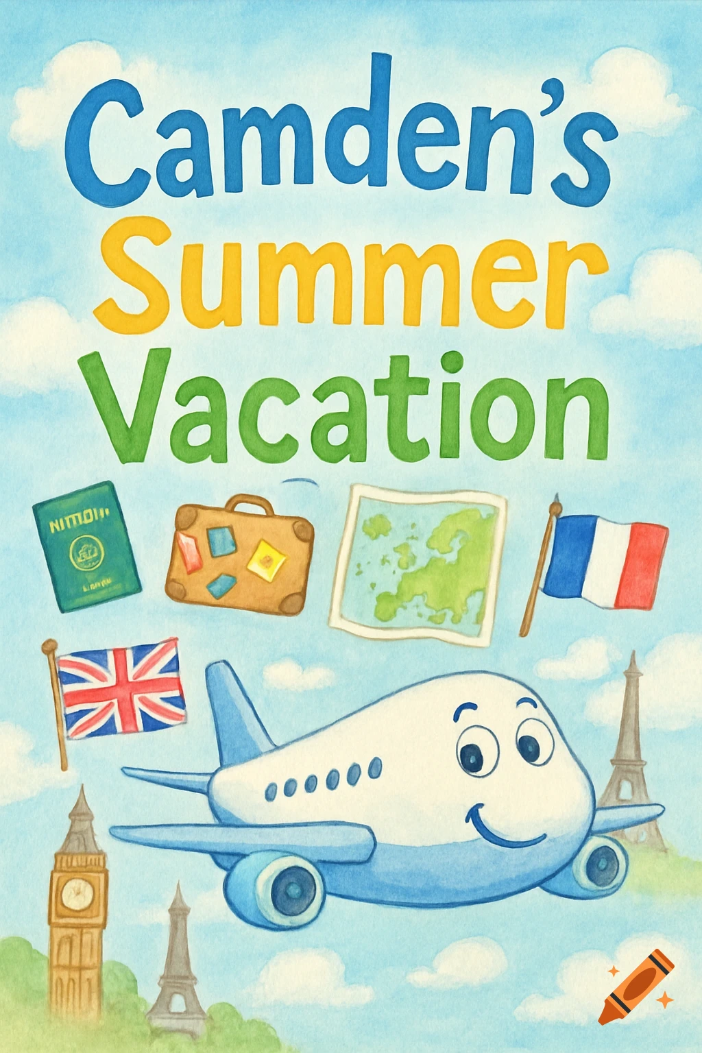 Watercolor children's book cover with title "Camden's Summer Vacation", featuring a smiling airplane, travel icons, and landmarks.