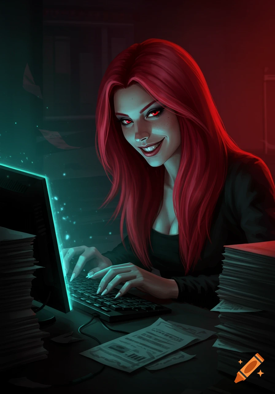 Digital art of a red-haired woman with glowing red eyes, smirking while typing on a glowing computer in a dark room.