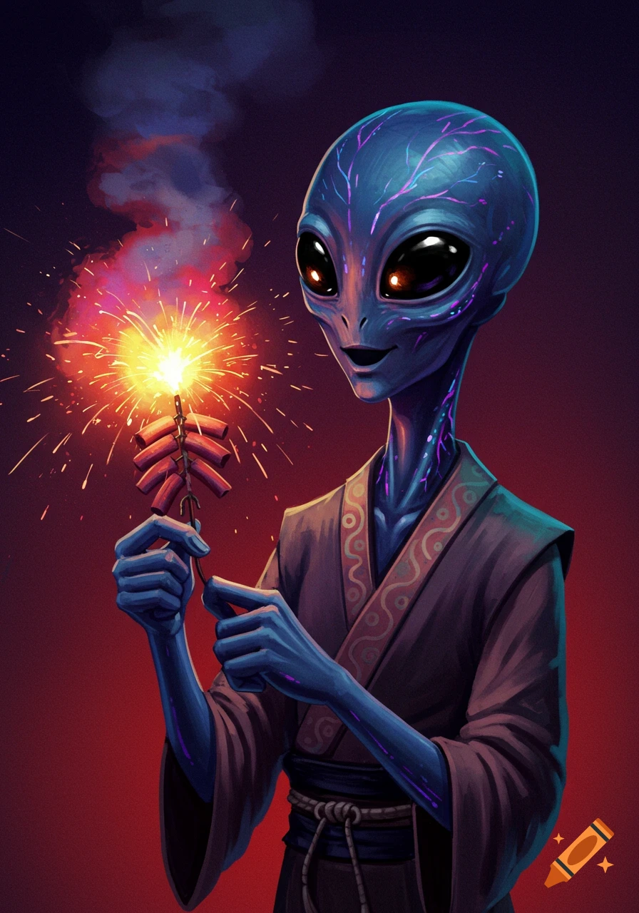 A blue alien with glowing veins holds a lit firecracker, sparks illuminating a dark, stylized background.