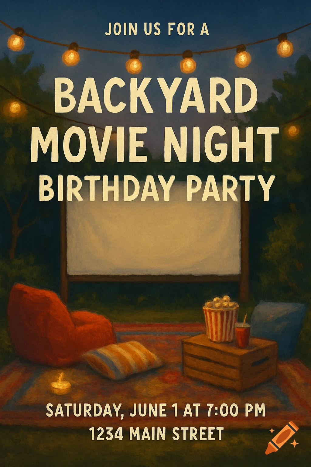 Illustrated invitation for a backyard movie night and birthday party with string lights, screen, bean bag, popcorn, and date details.