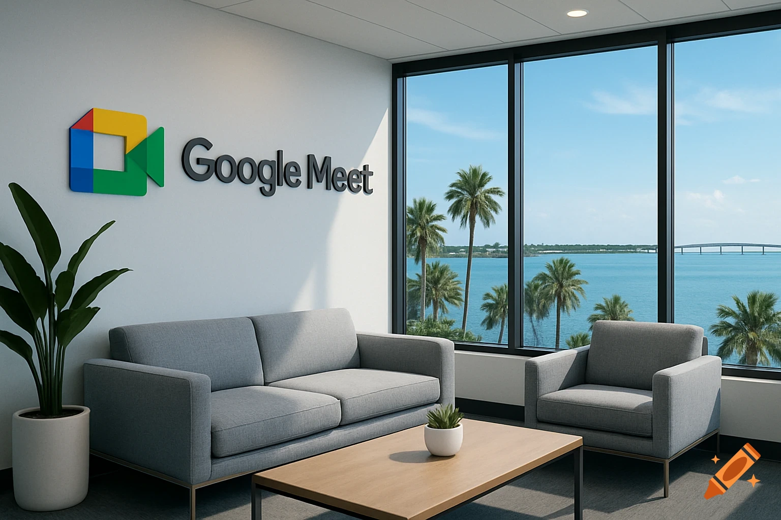 A modern office lounge with grey sofas and a Google Meet logo on the wall. Large windows overlook a tropical bay with palm trees.