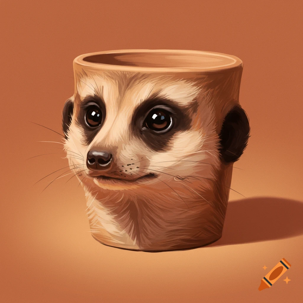 A digital painting of a meerkat's head forming a cylindrical, light brown pinch pot or cup against a matching brown background.