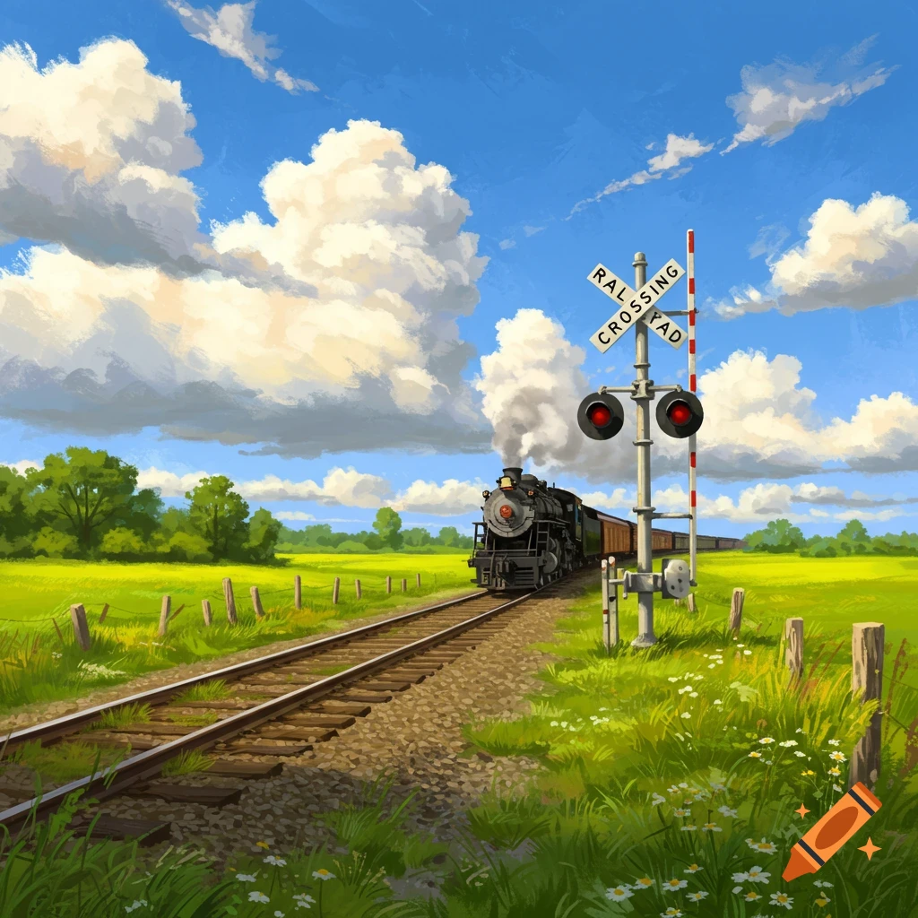 A steam train approaches a railroad crossing sign through a green field under a blue sky, in a painterly style.