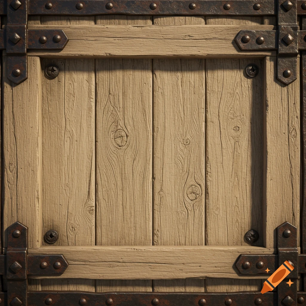 A close-up of a light-toned medieval wooden surface with worn metal braces and bolts near the edges.