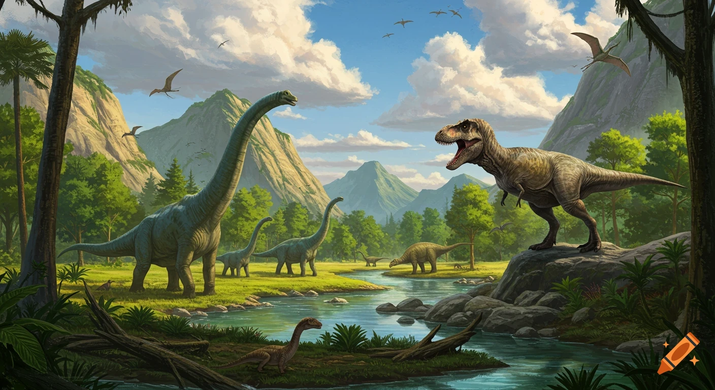A vibrant prehistoric landscape with multiple dinosaurs, including a large T-Rex on a rock and long-necked sauropods by a winding river, surrounded by lush trees and mountains under a cloudy sky.