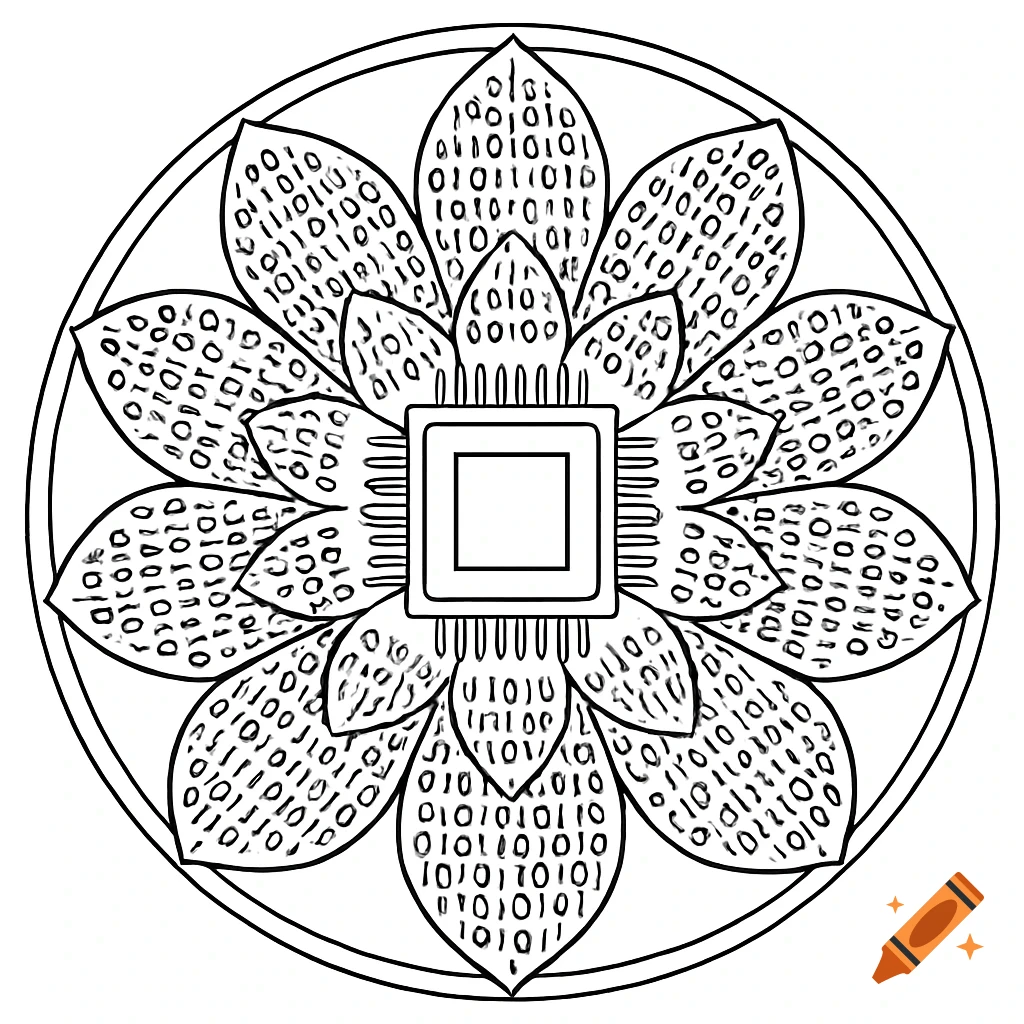 Black line art mandala with flower petals made of binary code patterns and a computer chip in the center, on a white background.