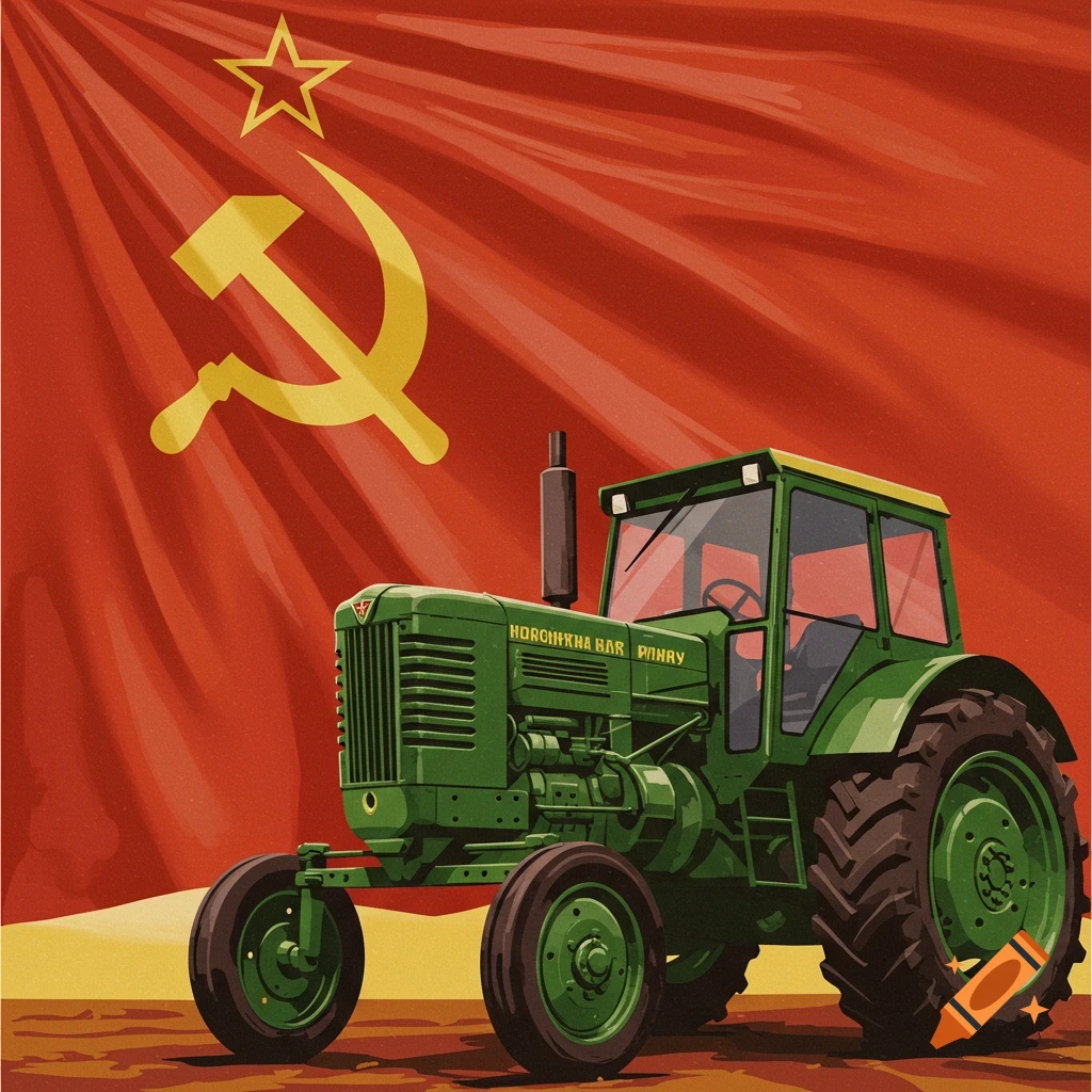 Green tractor against a red Soviet flag with a golden hammer, sickle, and star, in a vintage propaganda poster style.