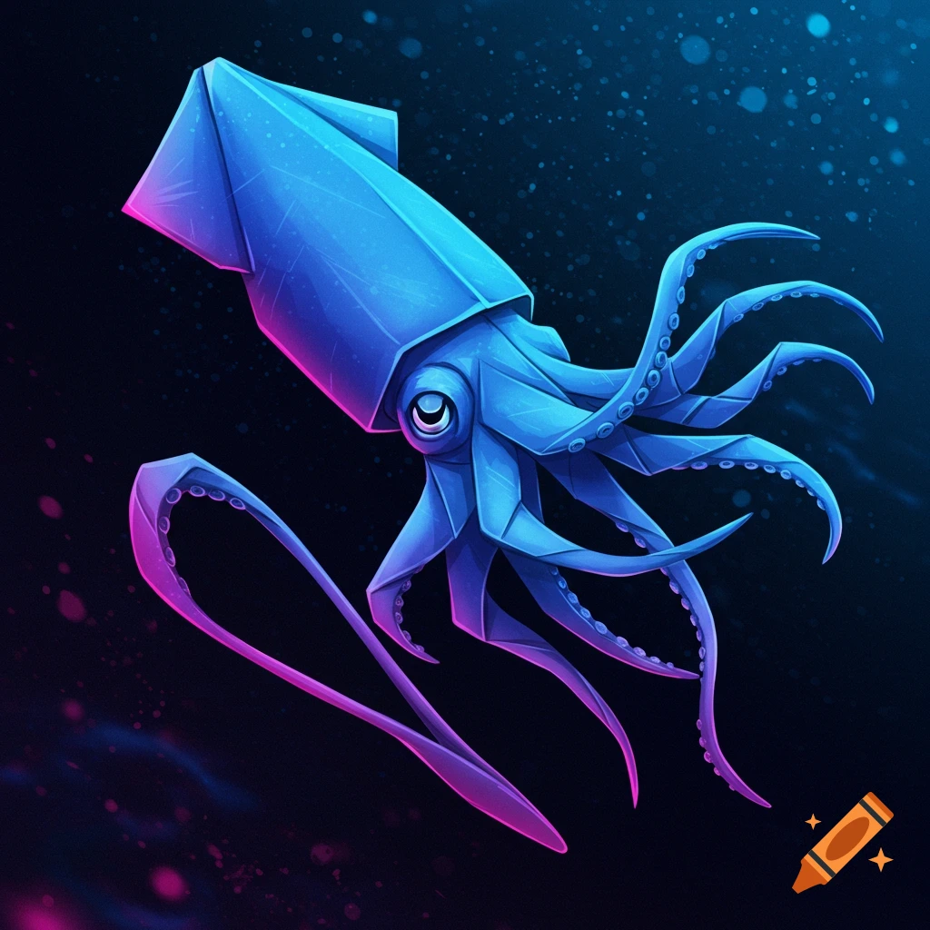 An artistic illustration of a blue and purple origami squid floating in a dark, deep-sea-like environment.