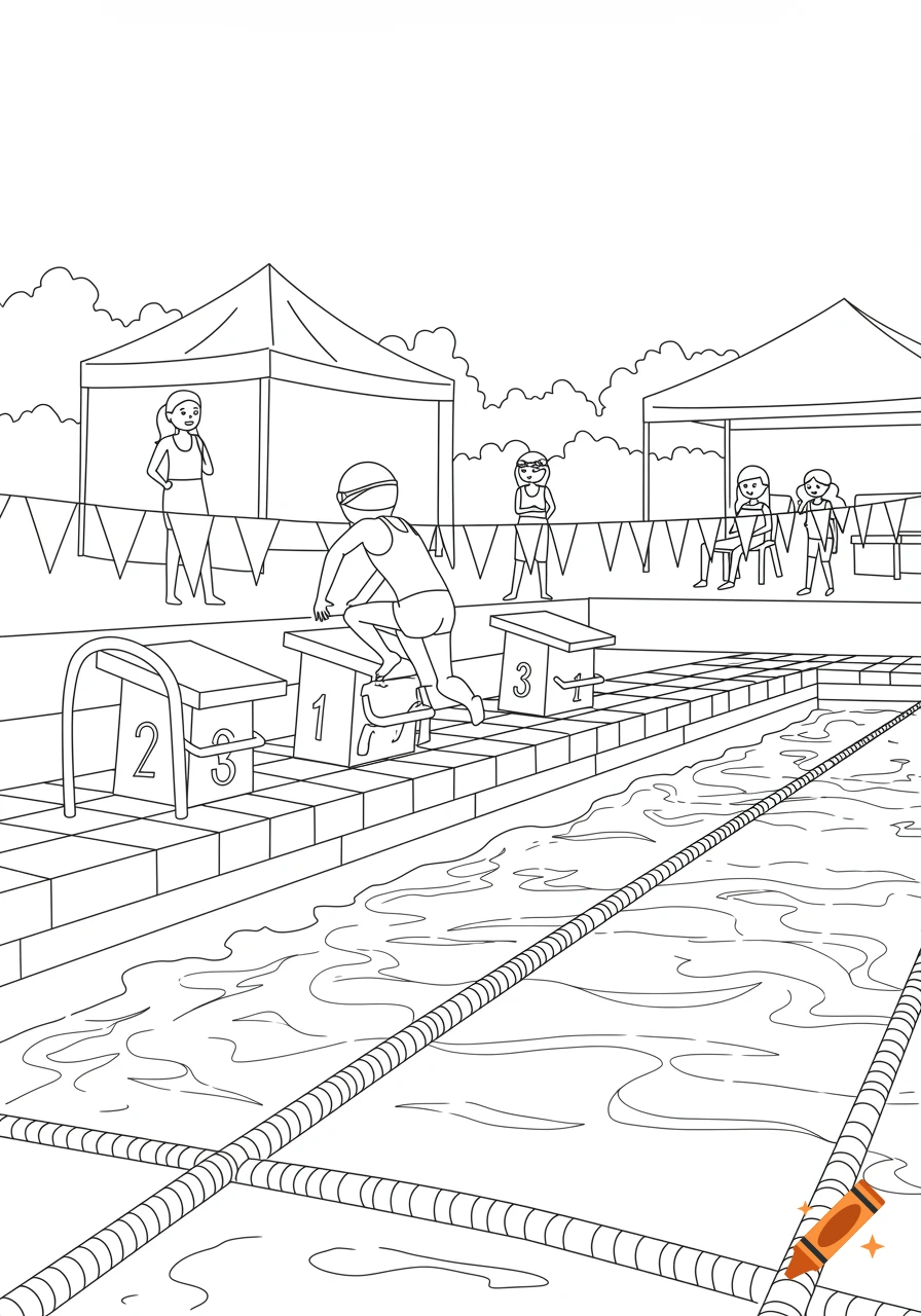 Black and white line art of a child on a swimming starting block with other people and tents in the background.