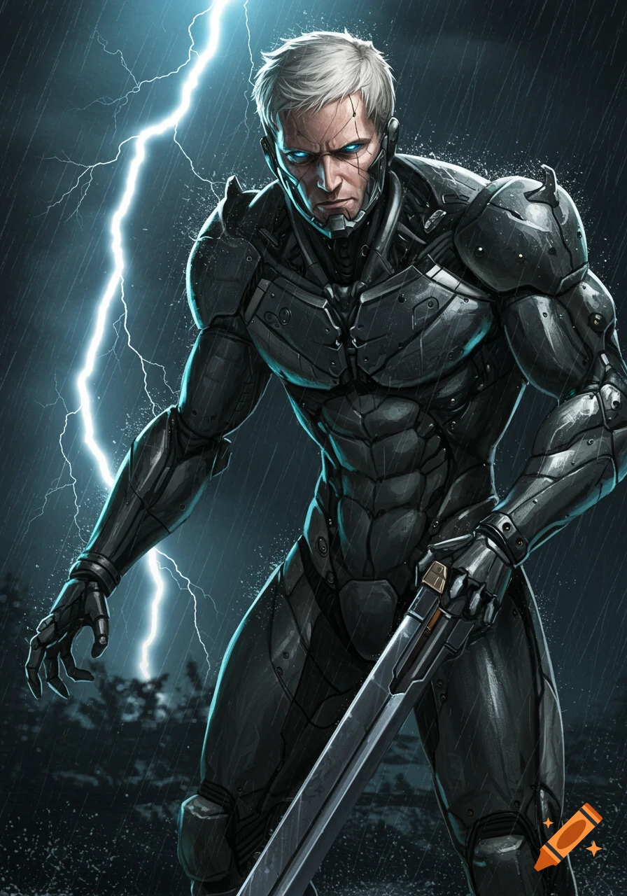A male character in a dark cybernetic suit holds a sword with glowing blue eyes, with lightning in a rainy background. Digital art style.