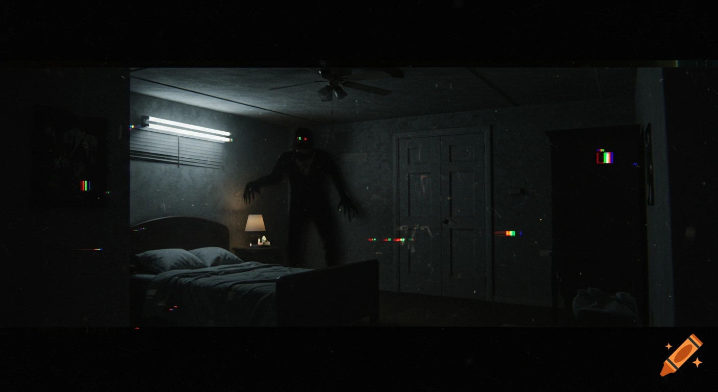 A shadowy monster with glowing eyes stands in a dark, glitchy bedroom, rendered in a grainy CCTV camera style.