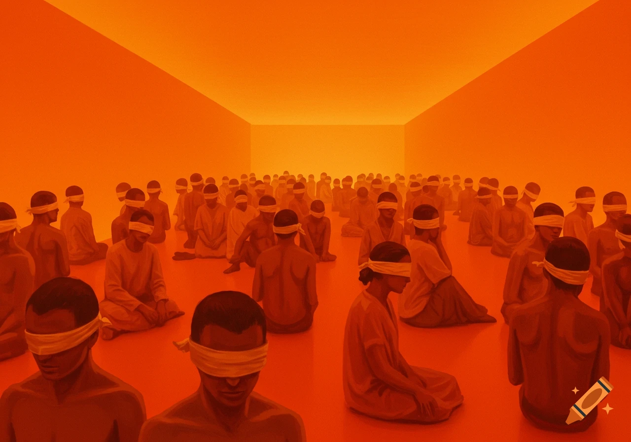 Many blindfolded people sit on the floor in a large, empty orange room.